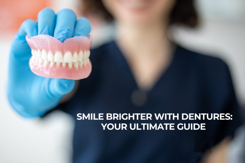 Dentist holding dentures, smiling in background.